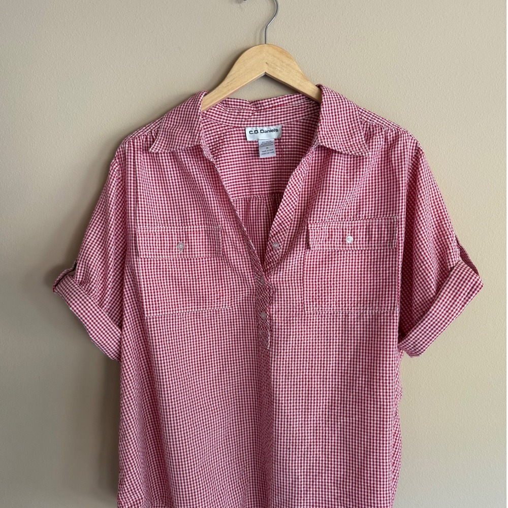 Vintage Red White Gingham Plaid Popover Shirt Short Sleeve